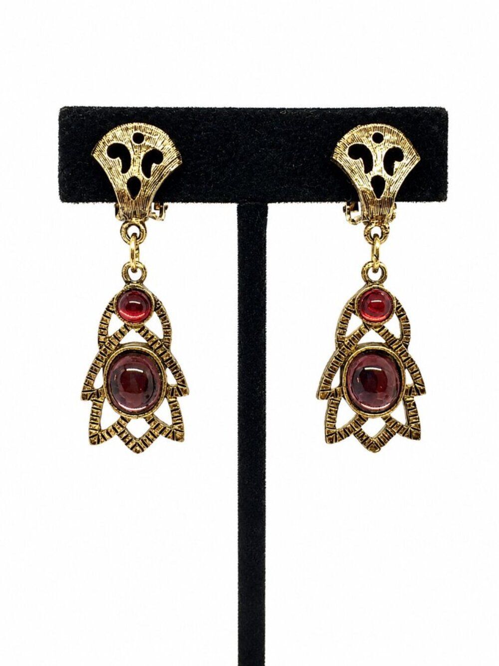 Vintage Gold Tone Earrings Gold Jewel Tone Red Purple Cabochon Art Deco Clip